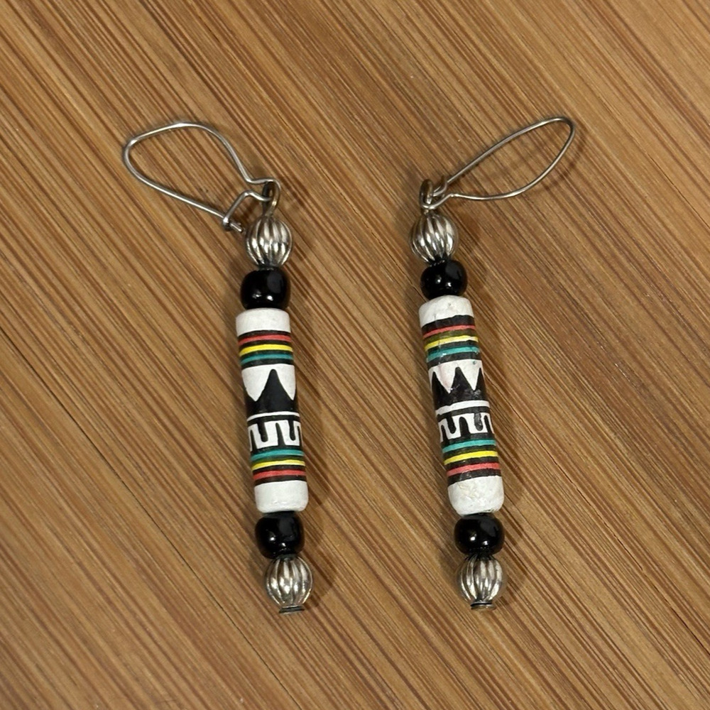 Handmade Painted Earrings Ceramic Beads Black Silver Tone Vintage